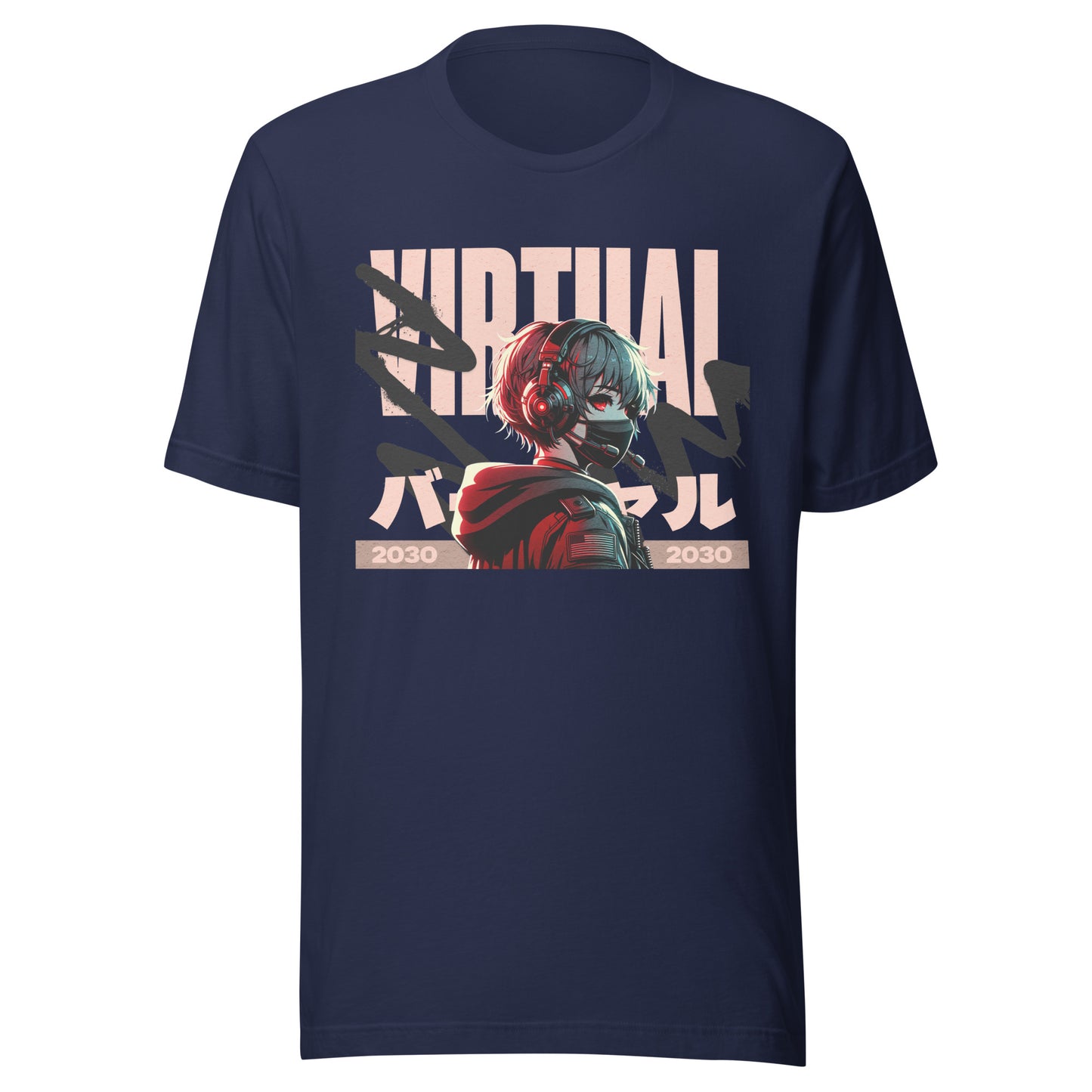 Graphic t-shirt featuring a vibrant illustration an anime character immersed in virtual reality
