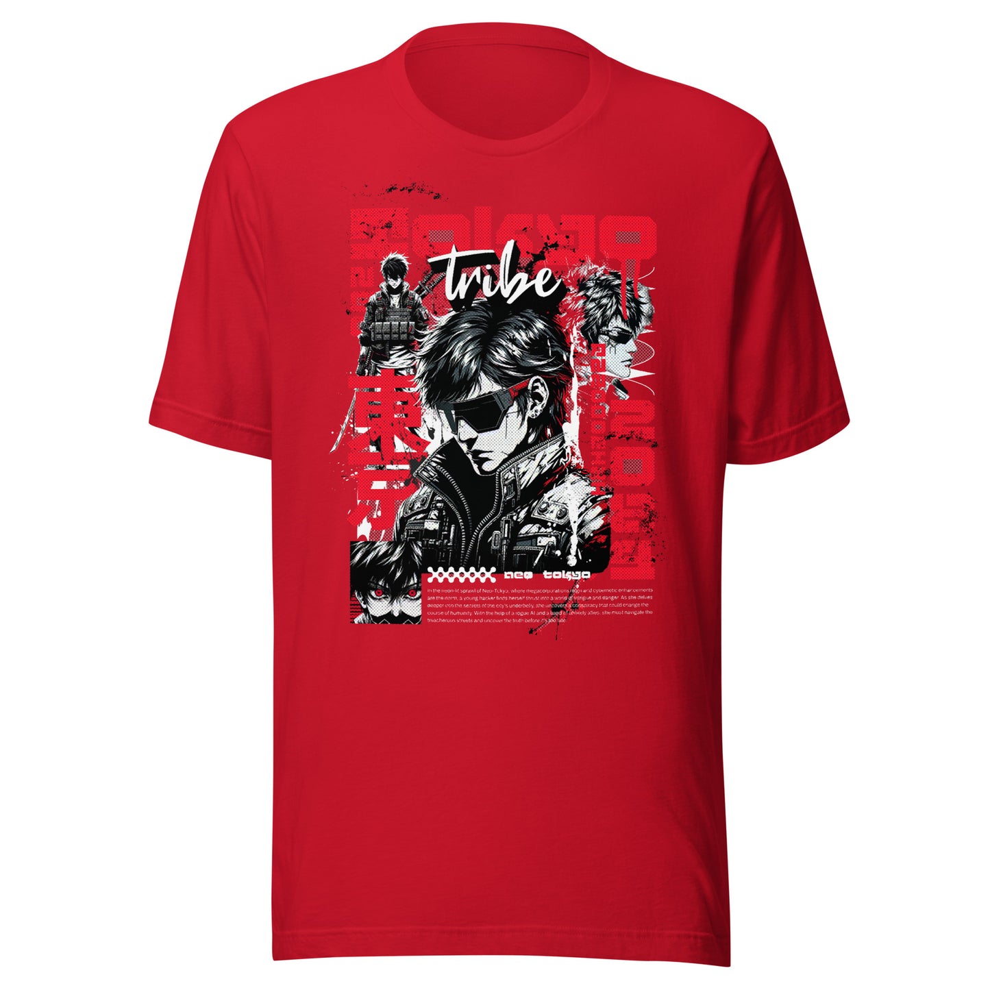 Graphic t-shirt featuring a vibrant illustration a male anime figure surrounded by embellished Japanese graphic imagery.