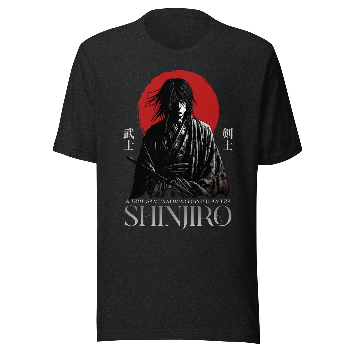Graphic t-shirt featuring a vibrant illustration of a samurai standing in front of a red sun 