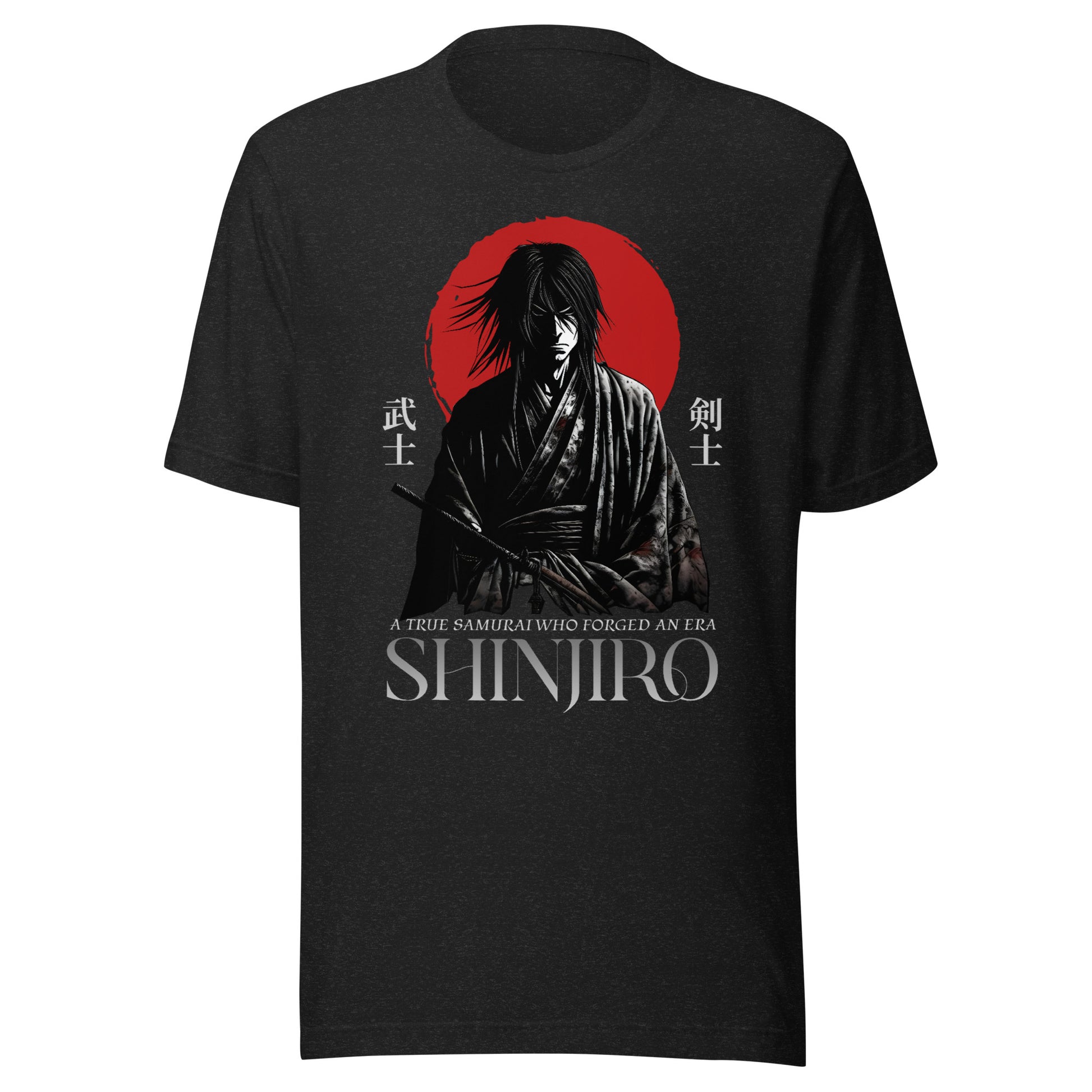 Graphic t-shirt featuring a vibrant illustration of a samurai standing in front of a red sun 