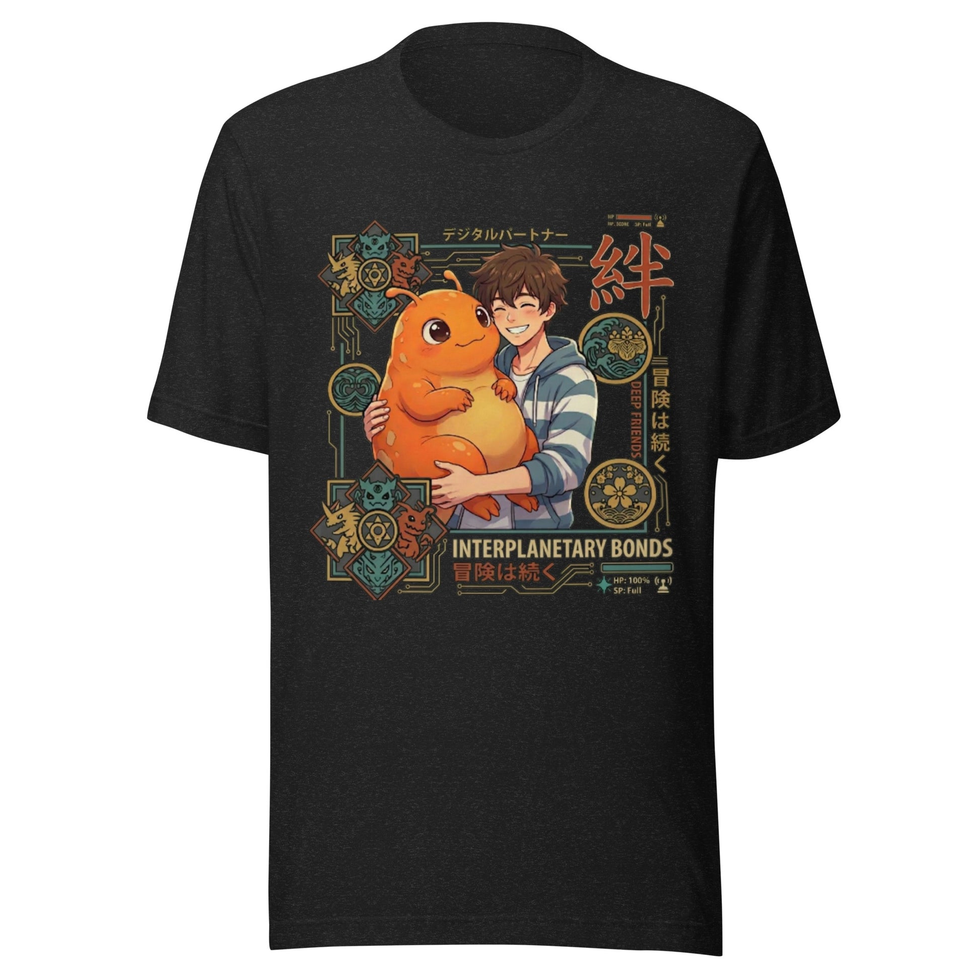 Graphic t-shirt featuring a vibrant illustration of an other-wordly anime pet