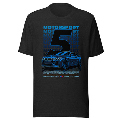 Graphic t-shirt featuring a vibrant illustration a Model 5 BMW drawn in anime style  