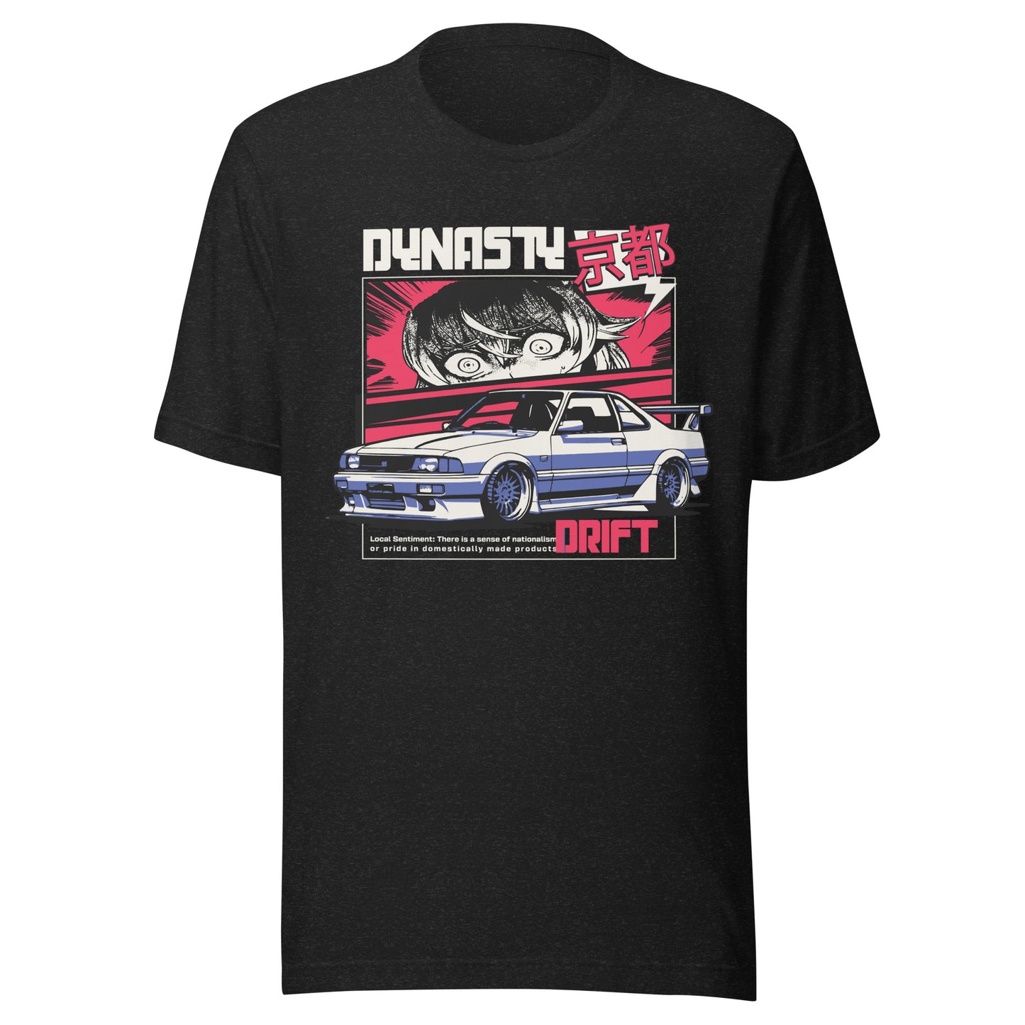 Graphic t-shirt featuring a vibrant illustration a sports car with drifting imagery drawn in anime style