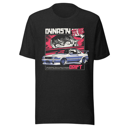 Graphic t-shirt featuring a vibrant illustration a sports car with drifting imagery drawn in anime style