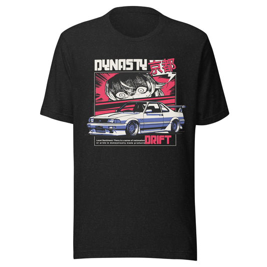 Graphic t-shirt featuring a vibrant illustration a sports car with drifting imagery drawn in anime style