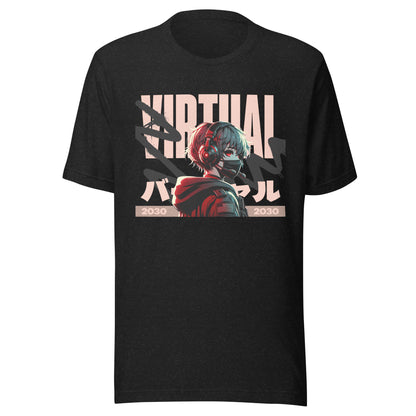 Graphic t-shirt featuring a vibrant illustration an anime character immersed in virtual reality
