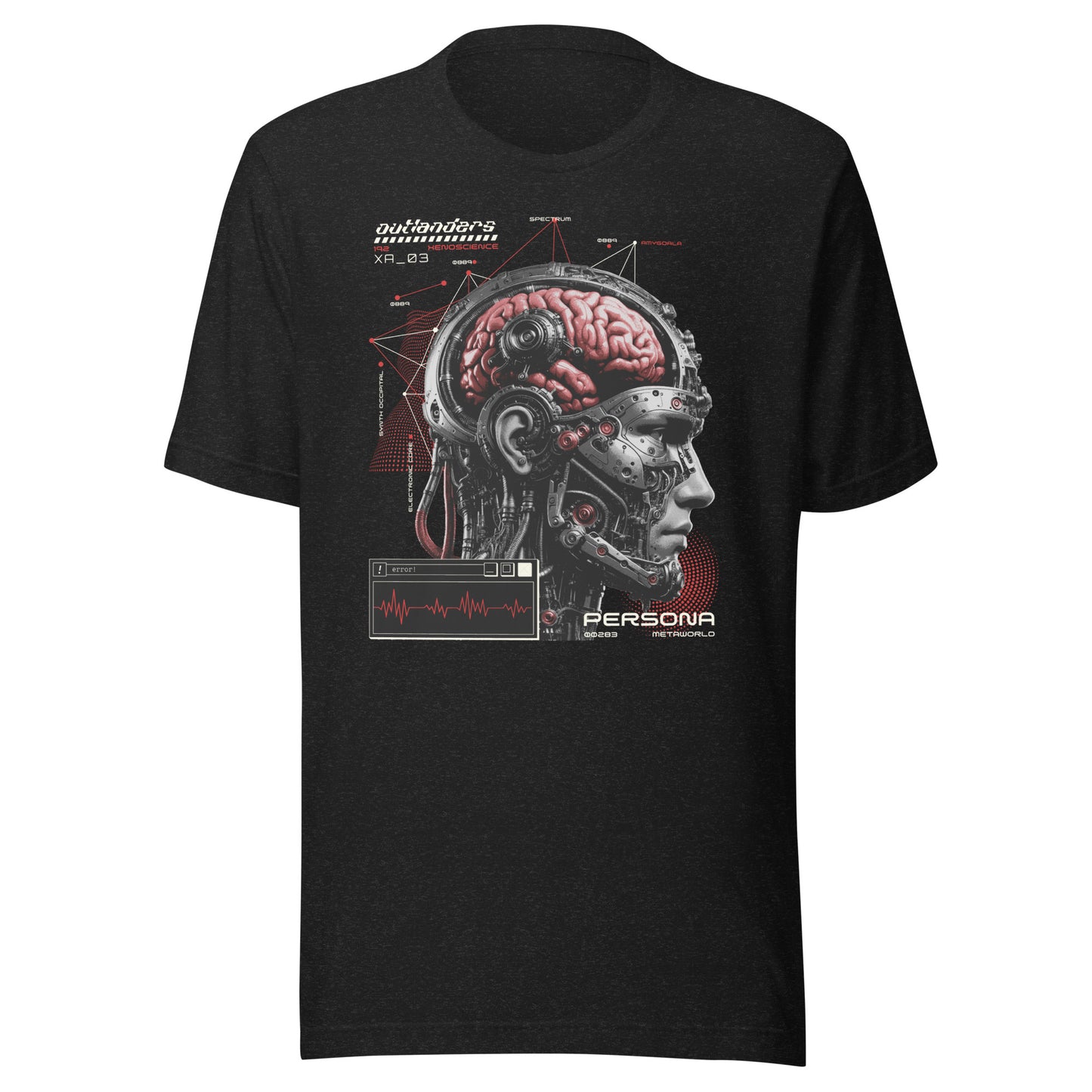 Graphic t-shirt featuring a vibrant illustration of the anatomy of a cyborg cranium