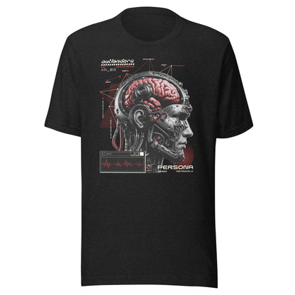 Graphic t-shirt featuring a vibrant illustration of the anatomy of a cyborg cranium