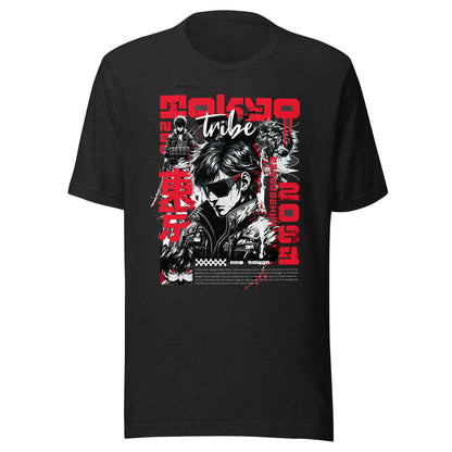 Graphic t-shirt featuring a vibrant illustration a male anime figure surrounded by embellished Japanese graphic imagery.