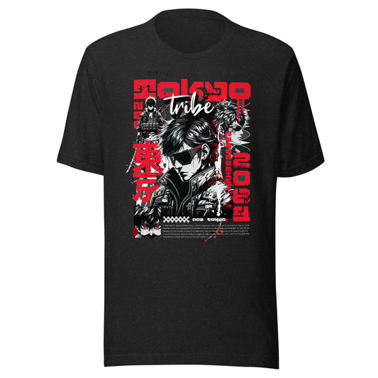 Graphic t-shirt featuring a vibrant illustration a male anime figure surrounded by embellished Japanese graphic imagery.