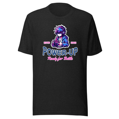 Graphic t-shirt featuring a vibrant illustration a male anime figure enthusiastically  playing video games.