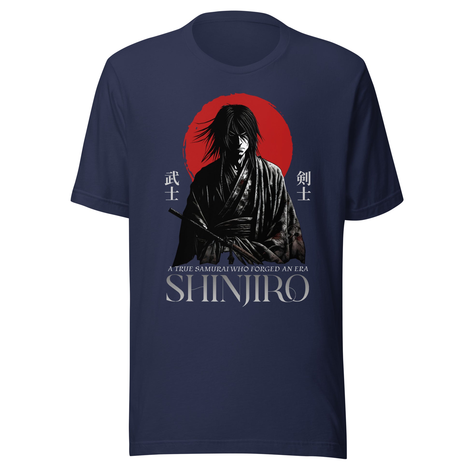 Graphic t-shirt featuring a vibrant illustration of a samurai standing in front of a red sun 