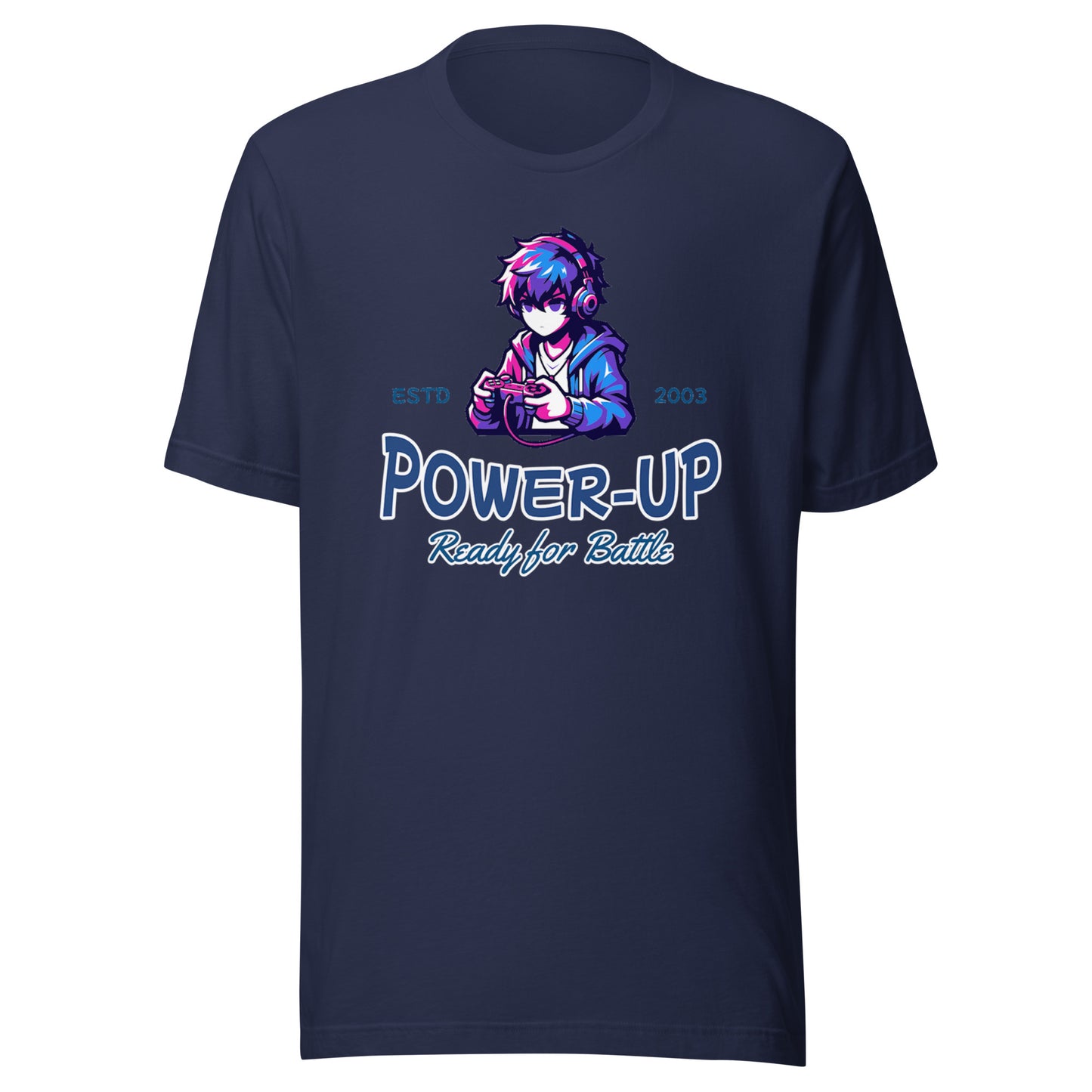 Graphic t-shirt featuring a vibrant illustration of an anime gamer who is powered up and ready to go