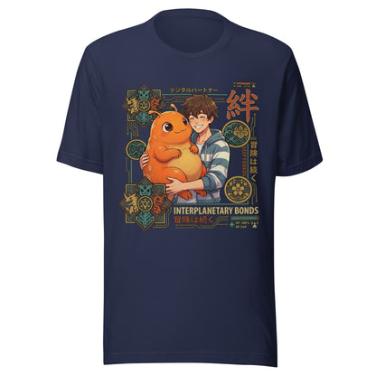 Graphic t-shirt featuring a vibrant illustration of an other-wordly anime pet