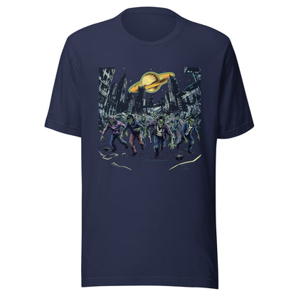 Graphic t-shirt featuring an illustration of zombies emerging from a destroyed city