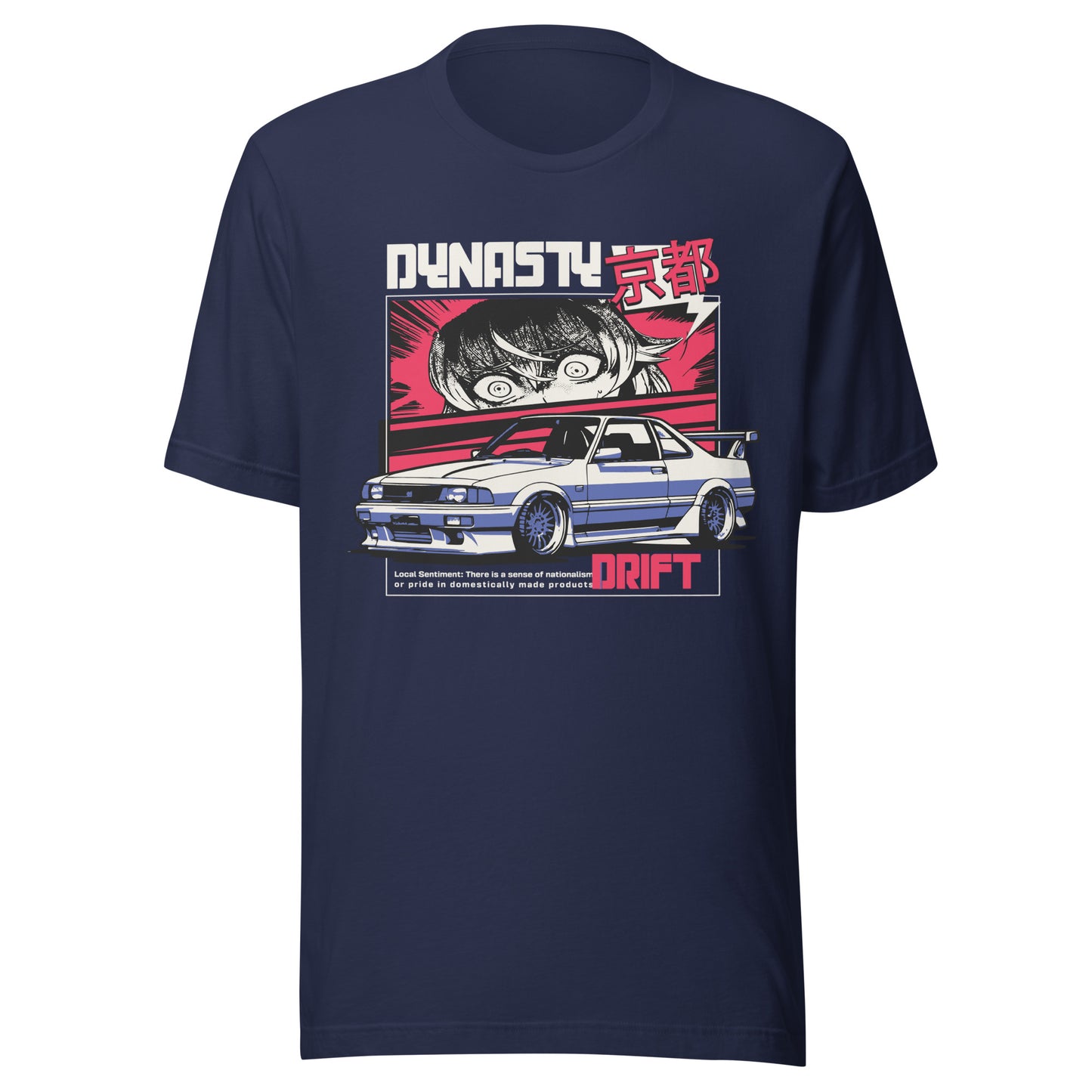 Graphic t-shirt featuring a vibrant illustration a sports car with drifting imagery drawn in anime style