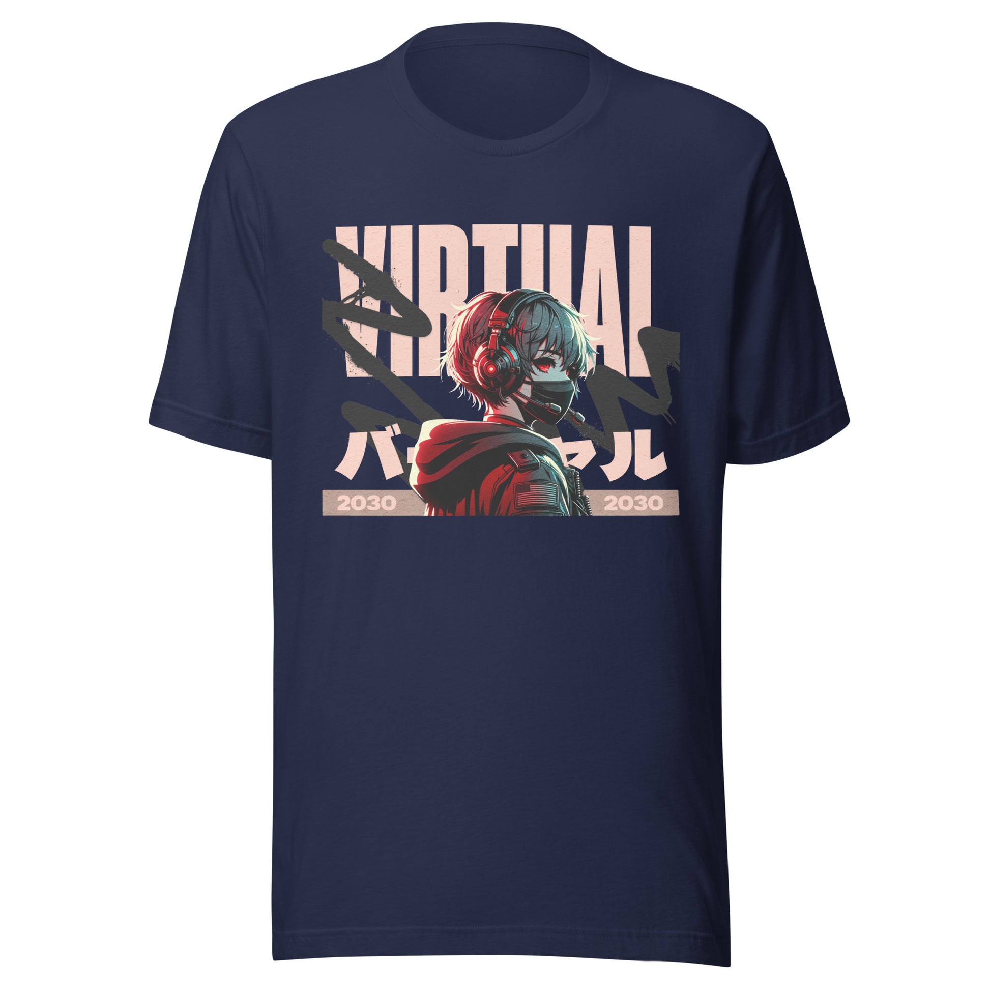 Graphic t-shirt featuring a vibrant illustration an anime character immersed in virtual reality