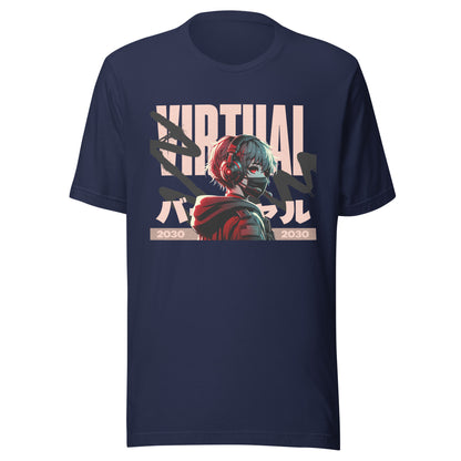 Graphic t-shirt featuring a vibrant illustration an anime character immersed in virtual reality