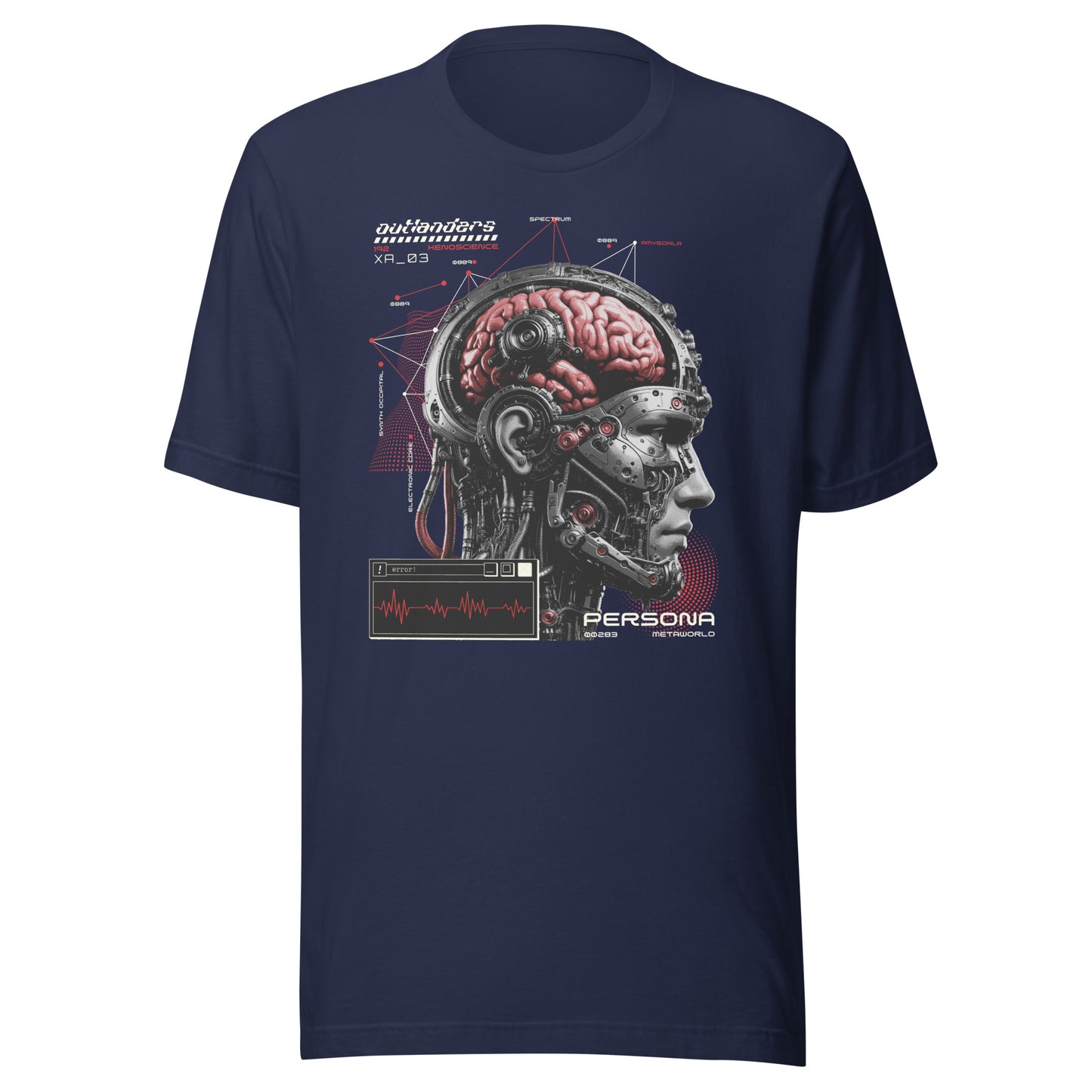 Graphic t-shirt featuring a vibrant illustration of the anatomy of a cyborg cranium