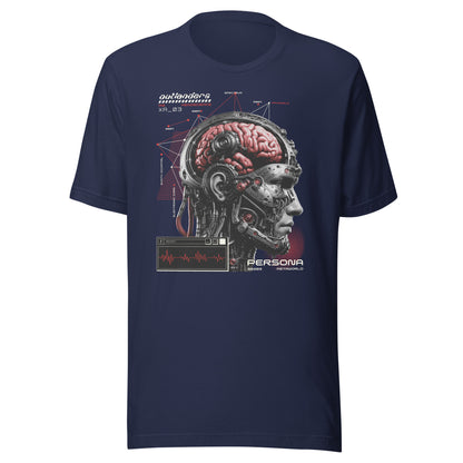 Graphic t-shirt featuring a vibrant illustration of the anatomy of a cyborg cranium