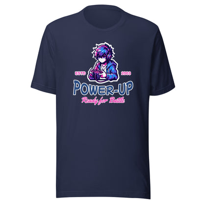 Graphic t-shirt featuring a vibrant illustration a male anime figure enthusiastically  playing video games.