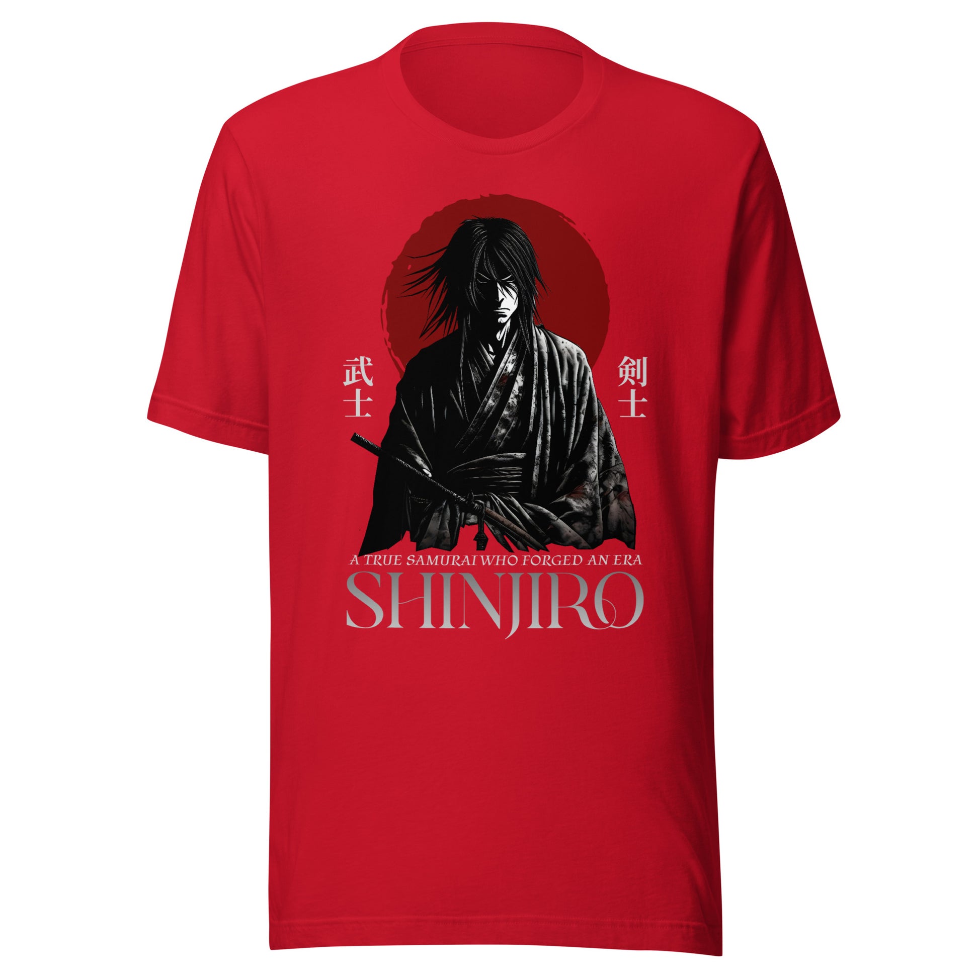 Graphic t-shirt featuring a vibrant illustration of a samurai standing in front of a red sun 