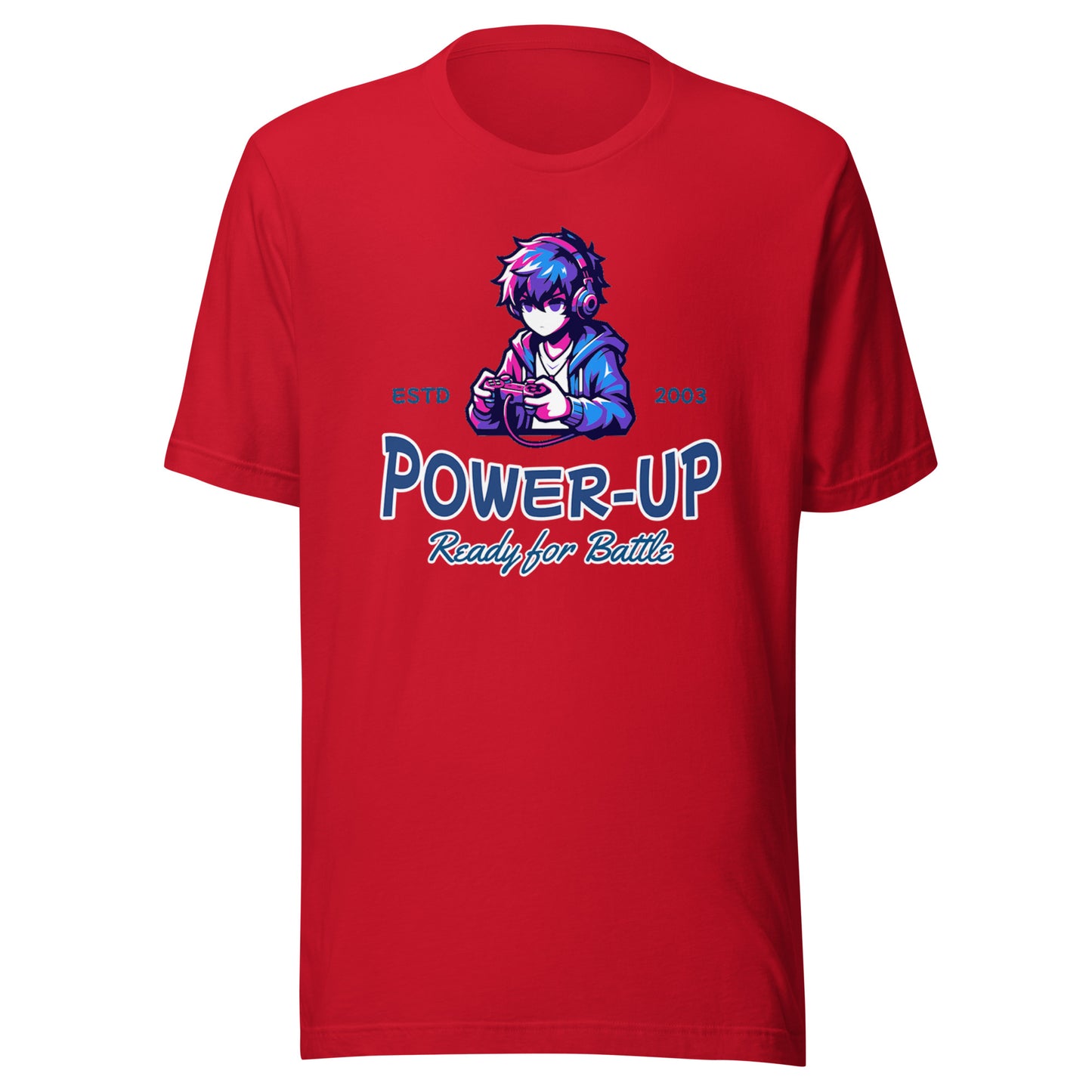 Graphic t-shirt featuring a vibrant illustration of an anime gamer who is powered up and ready to go
