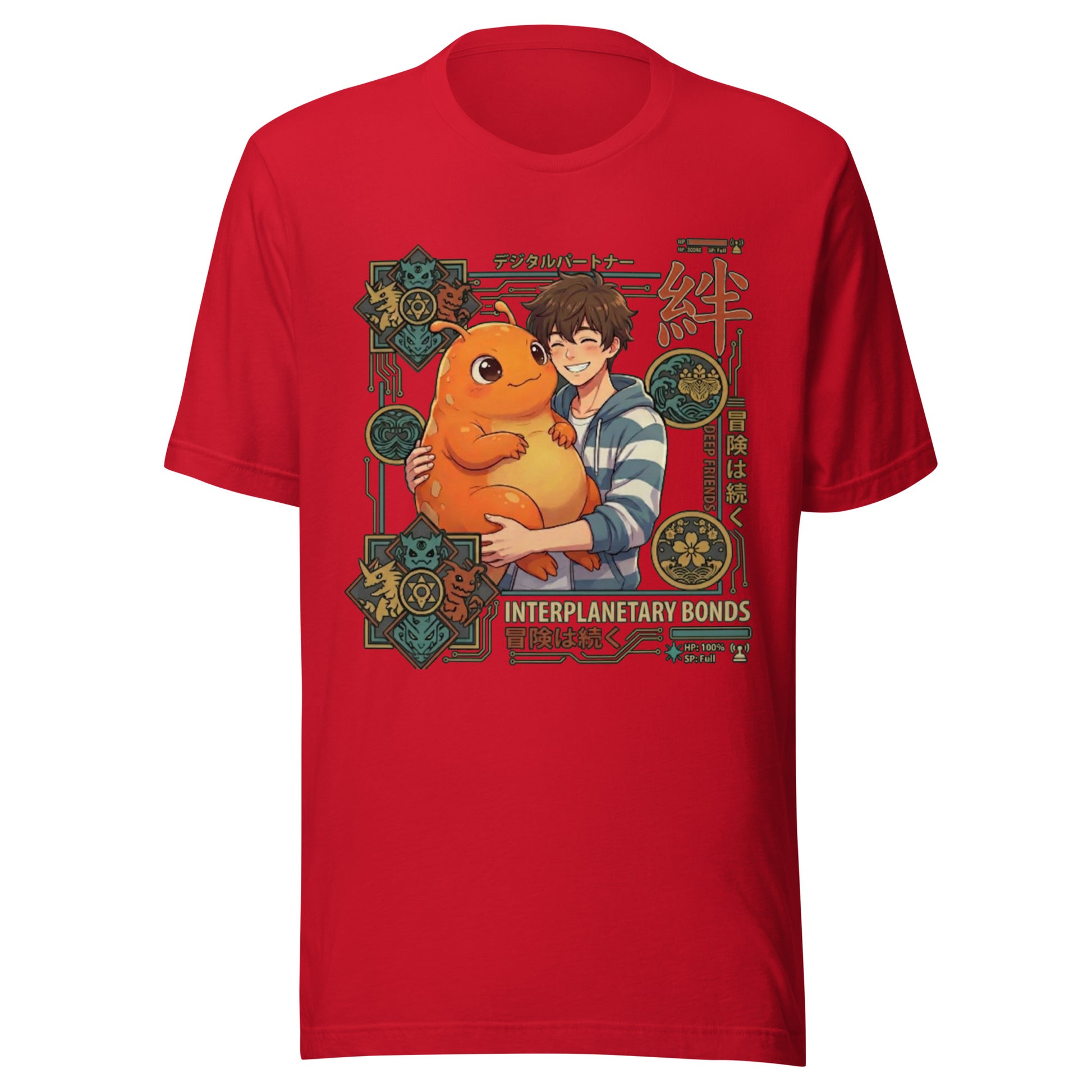 Graphic t-shirt featuring a vibrant illustration of an other-wordly anime pet