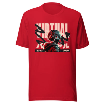 Graphic t-shirt featuring a vibrant illustration an anime character immersed in virtual reality