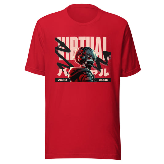 Graphic t-shirt featuring a vibrant illustration an anime character immersed in virtual reality