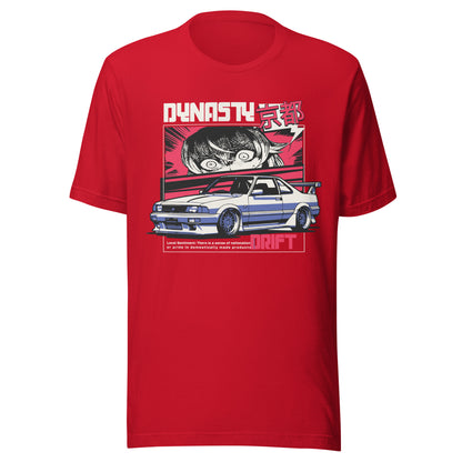 Graphic t-shirt featuring a vibrant illustration a sports car with drifting imagery drawn in anime style