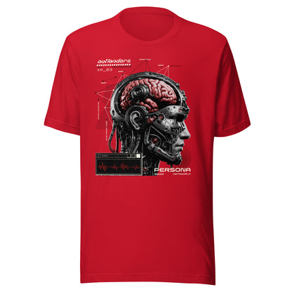 Graphic t-shirt featuring a vibrant illustration of the anatomy of a cyborg cranium