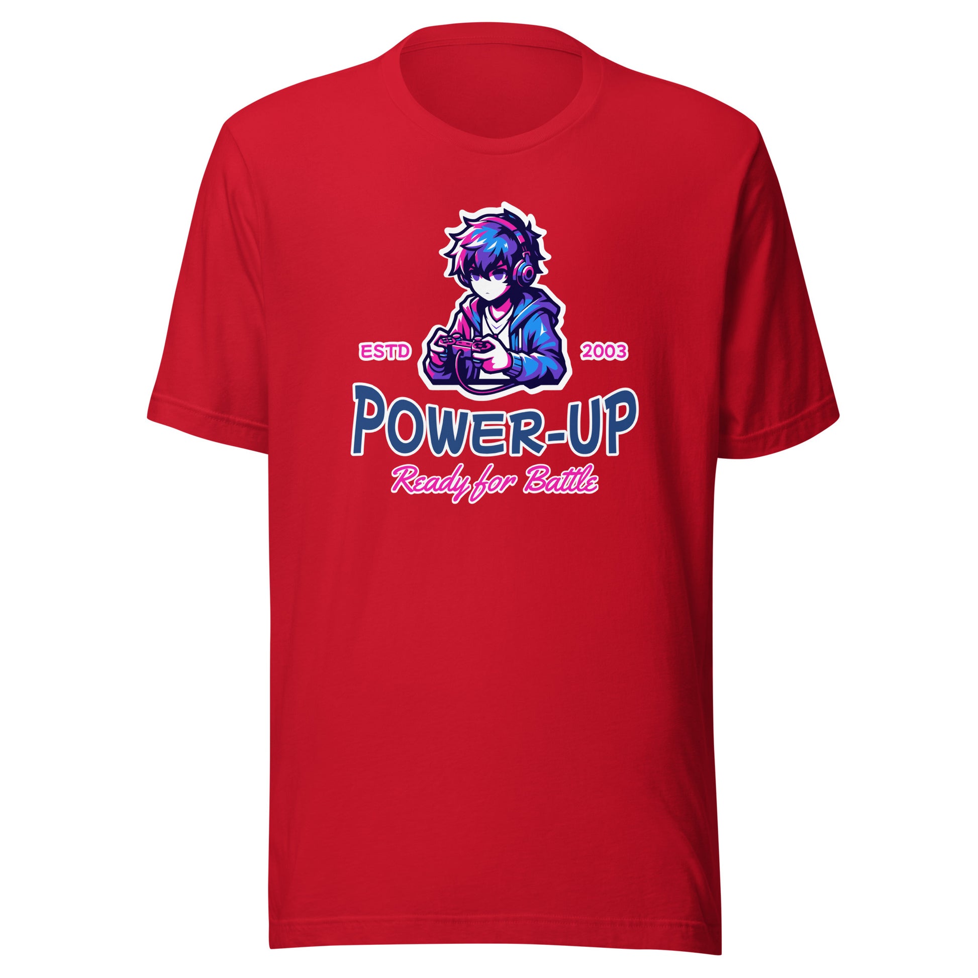 Graphic t-shirt featuring a vibrant illustration a male anime figure enthusiastically  playing video games.