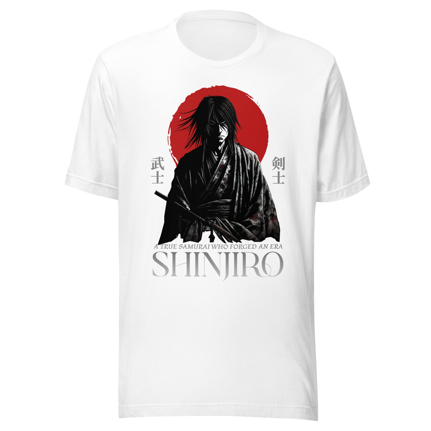 Graphic t-shirt featuring a vibrant illustration of a samurai standing in front of a red sun 