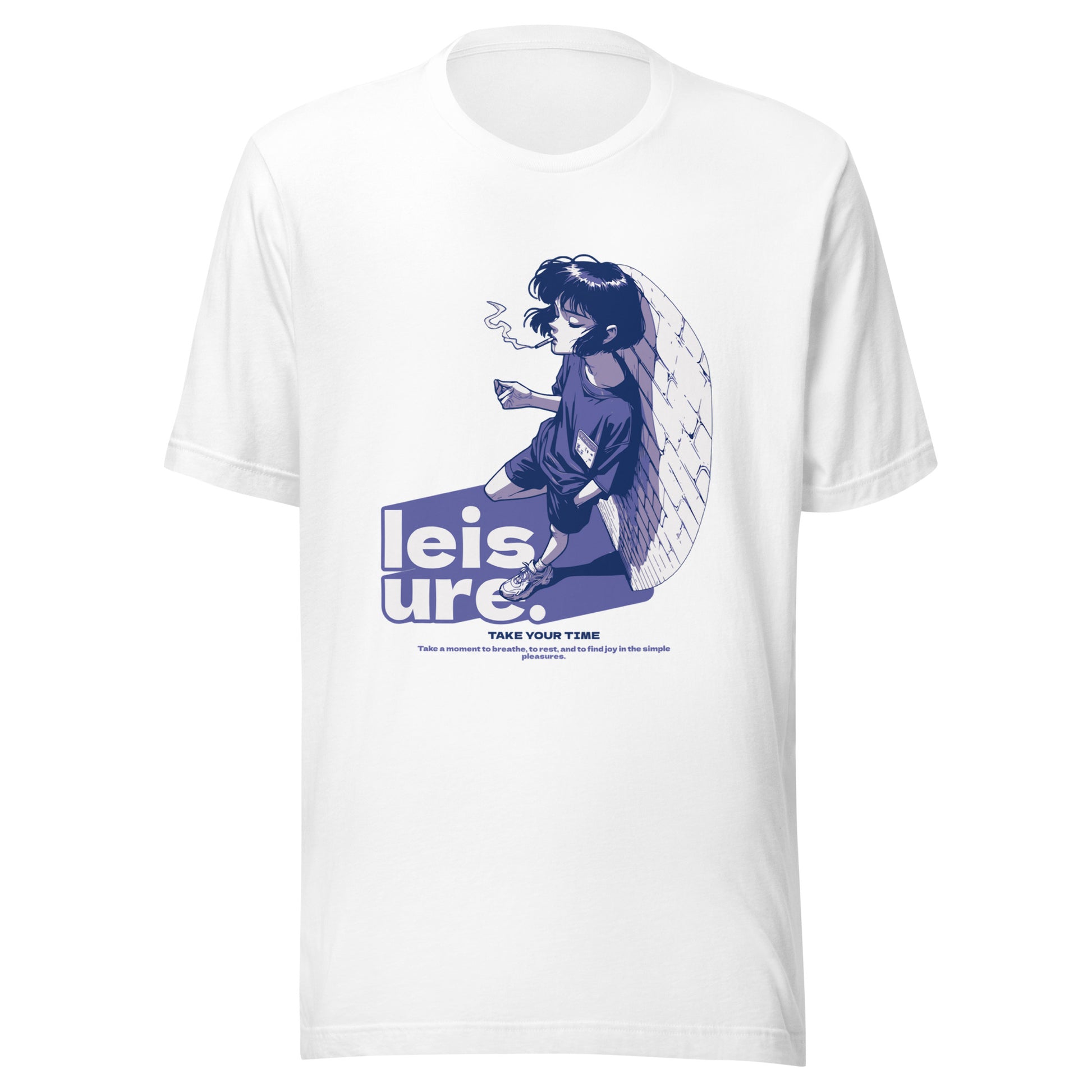 Graphic t-shirt featuring a vibrant illustration of a leisurely anime character 