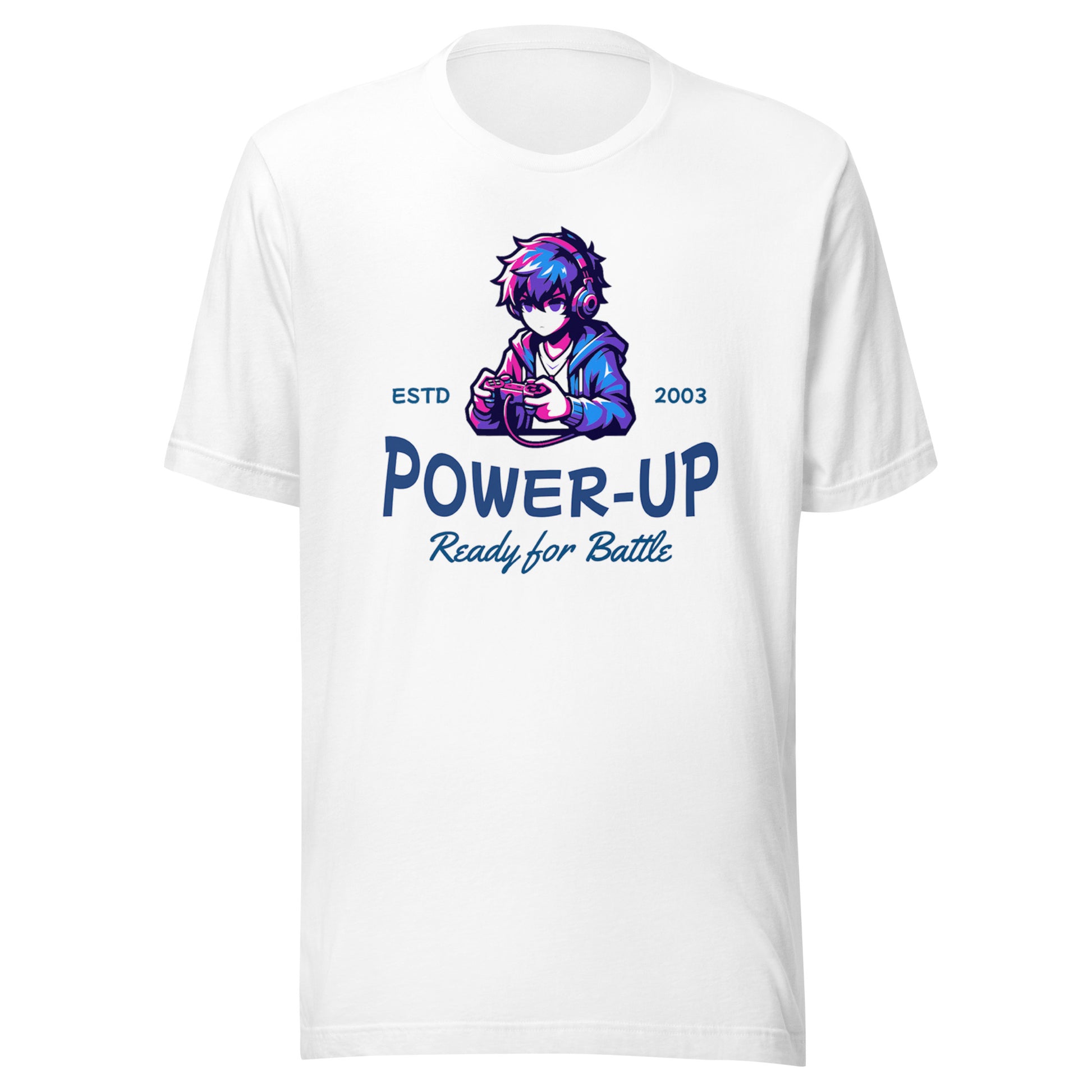 Graphic t-shirt featuring a vibrant illustration of an anime gamer who is powered up and ready to go