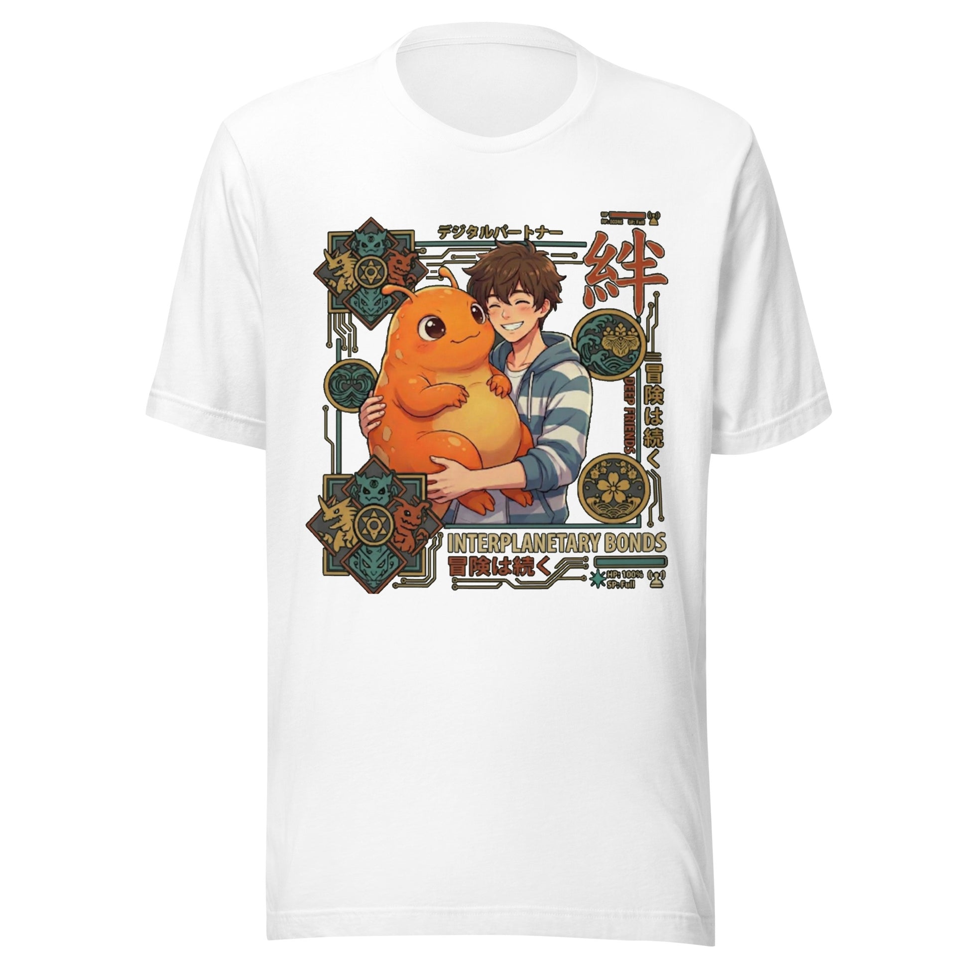 Graphic t-shirt featuring a vibrant illustration of an other-wordly anime pet
