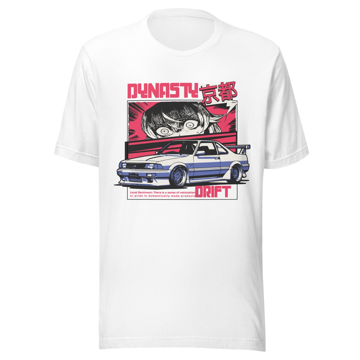 Graphic t-shirt featuring a vibrant illustration a sports car with drifting imagery drawn in anime style