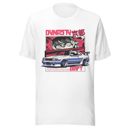 Graphic t-shirt featuring a vibrant illustration a sports car with drifting imagery drawn in anime style
