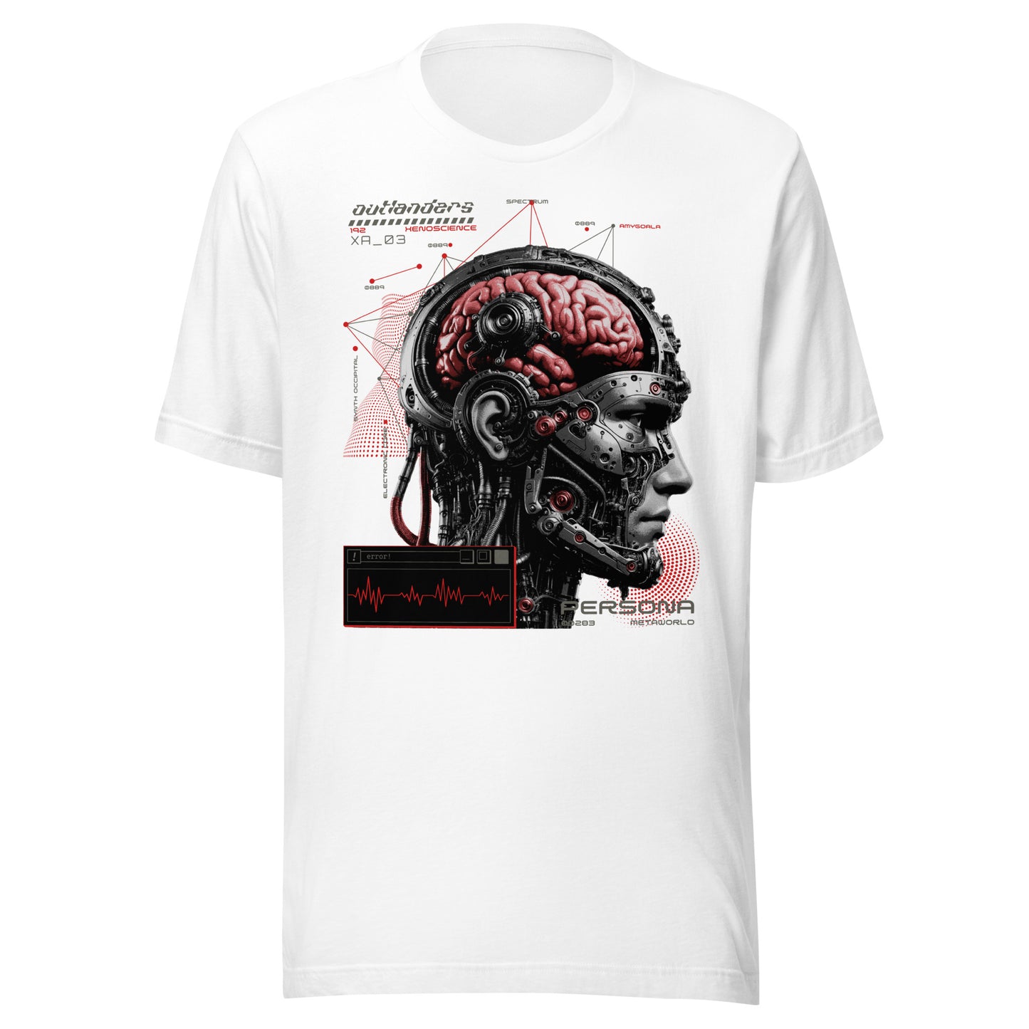 Graphic t-shirt featuring a vibrant illustration of the anatomy of a cyborg cranium