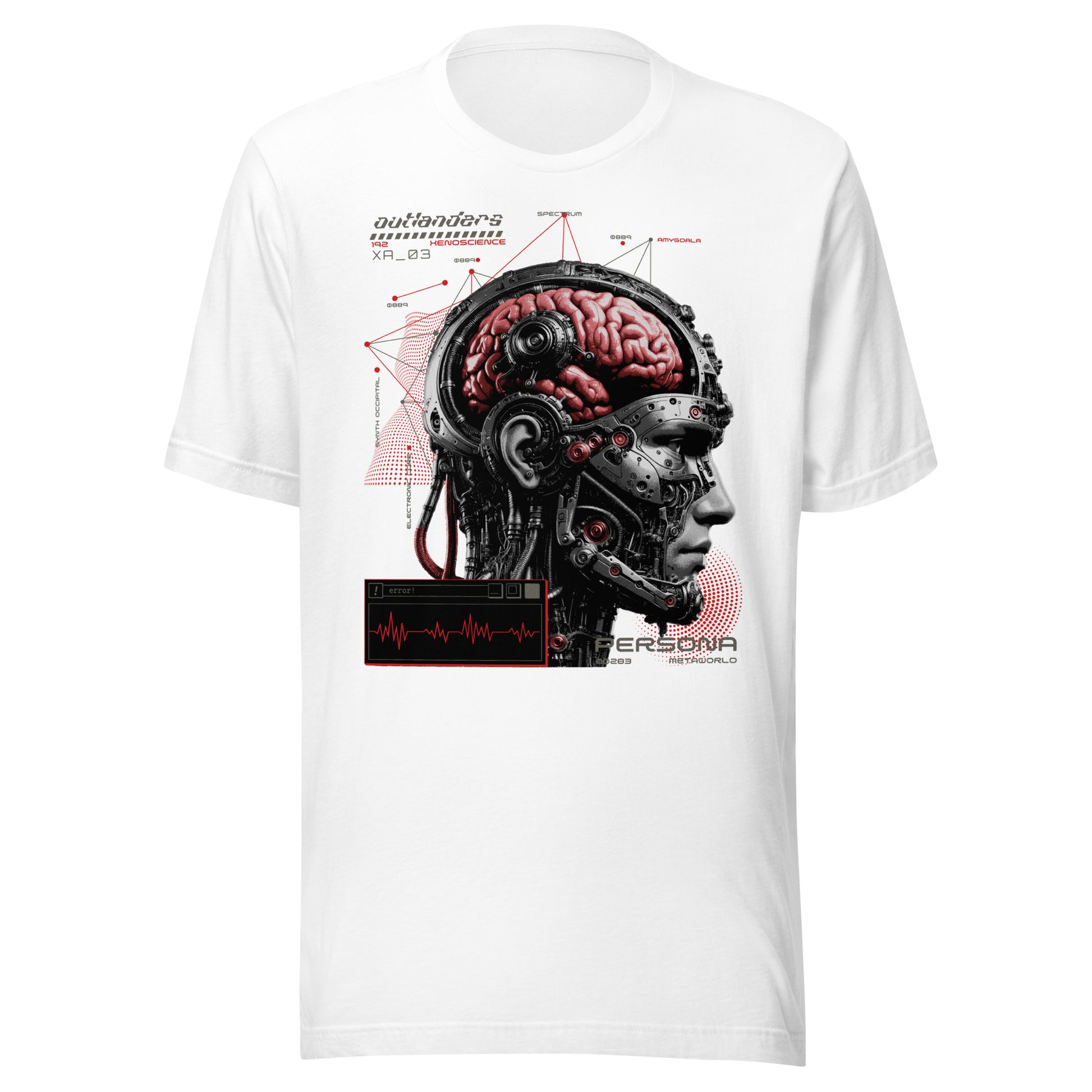 Graphic t-shirt featuring a vibrant illustration of the anatomy of a cyborg cranium