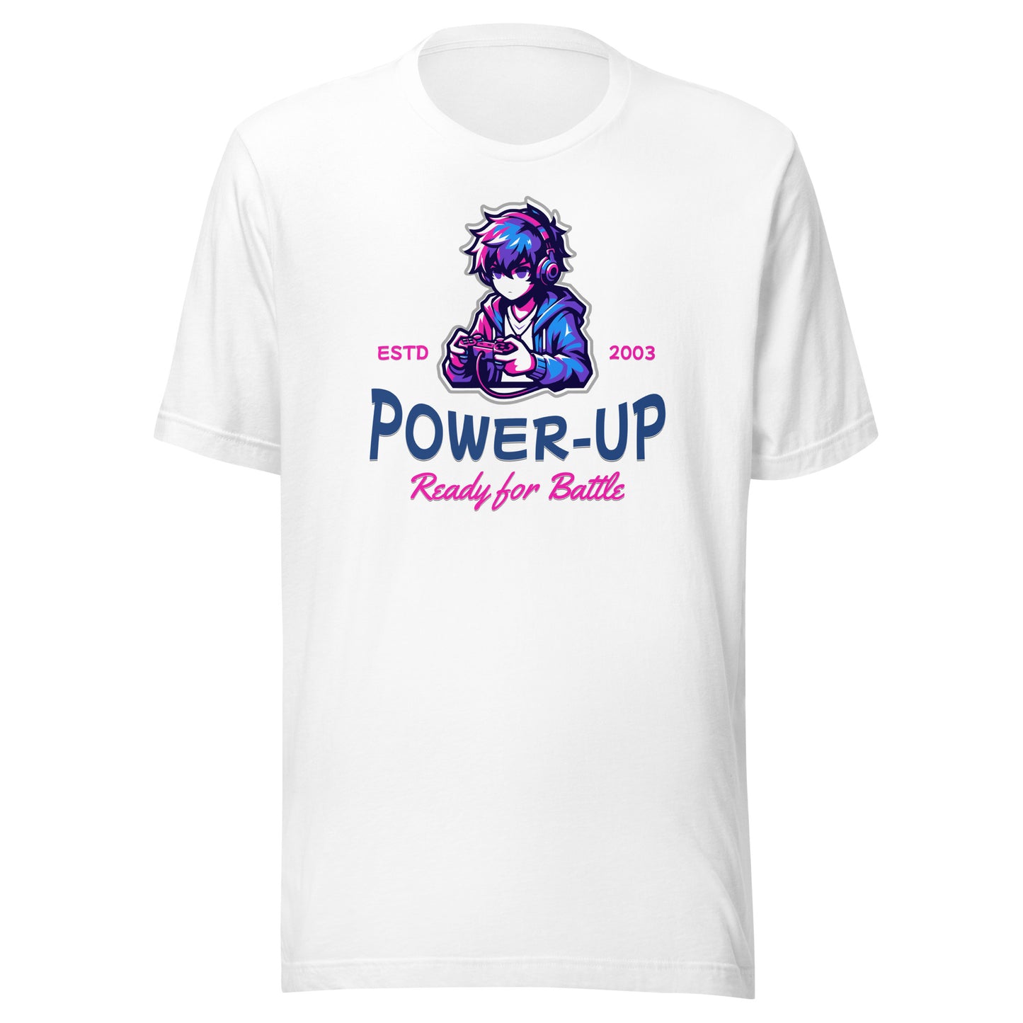 Graphic t-shirt featuring a vibrant illustration a male anime figure enthusiastically  playing video games.