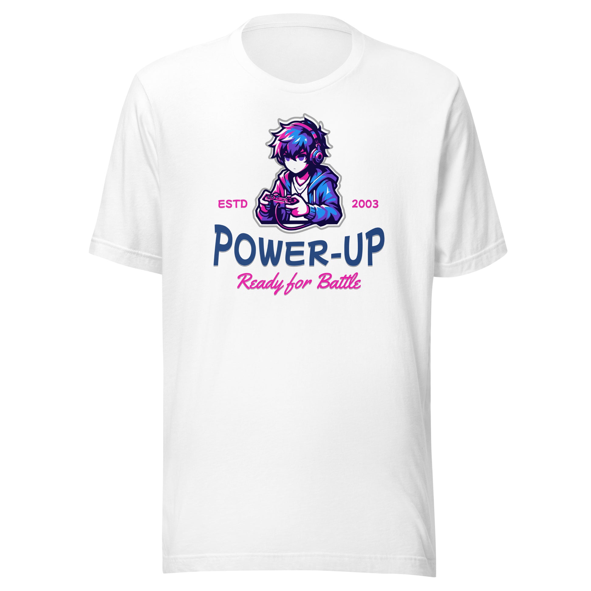 Graphic t-shirt featuring a vibrant illustration a male anime figure enthusiastically  playing video games.